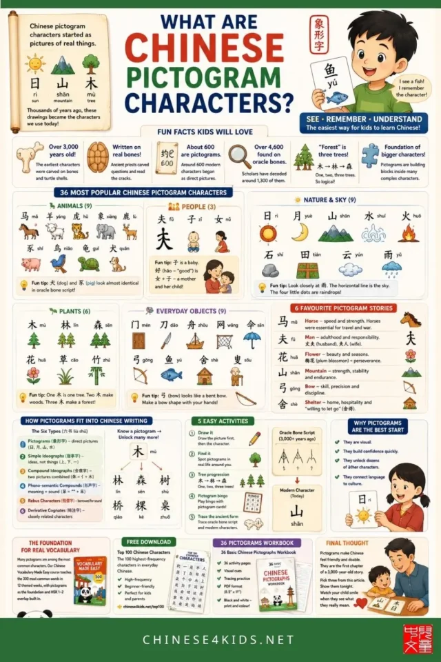 Discover 36 Chinese pictogram characters with meanings, fun facts, and stories. The easiest way to introduce children to Chinese writing.