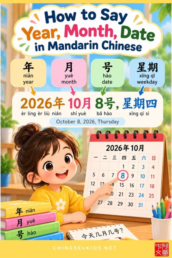 How to say year, month and date in Mandarin Chinese?To learn them, we need to start with three measure words: 年(Year), 月(Month) and 号(Date)