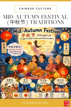 Mid-Autumn Festival (中秋节 Zhōngqiū jié) is a Chinese harvest festival on the 15th day of the 8th lunar month — a night of family reunion, moon-gazing, mooncakes, and lanterns that children in overseas Chinese families can celebrate and learn from wherever they live.