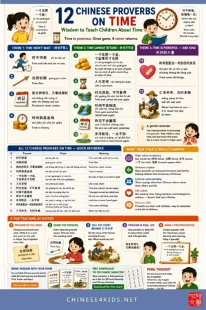 Discover 12 Chinese proverbs on time, each with characters, pinyin, and meaning — plus learning points and fun teaching activities for kids and classrooms.