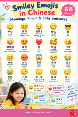 Learn what common emojis mean in Chinese, with simple words, pinyin and easy sentences. Includes 哈哈, 呵呵, 表情包 and tips for kids.