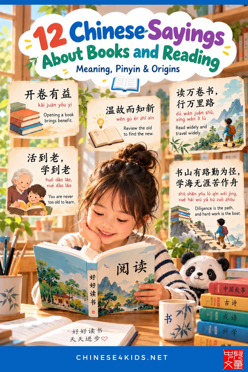 12 easy Chinese sayings about books and reading, with pinyin, English meanings, and simple ideas for kids and beginners to practise.