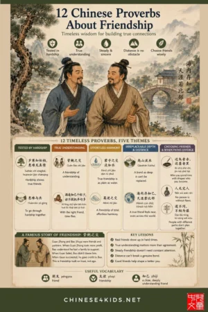 12 Chinese proverbs on friendship, explained in English with pinyin, meaning, and practical ways to teach kids about being a good friend.