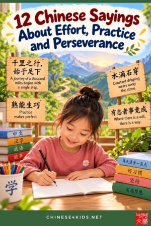 Explore 12 Chinese sayings about effort, practice, patience and perseverance. Learn their meanings, pinyin, with activities for kids.