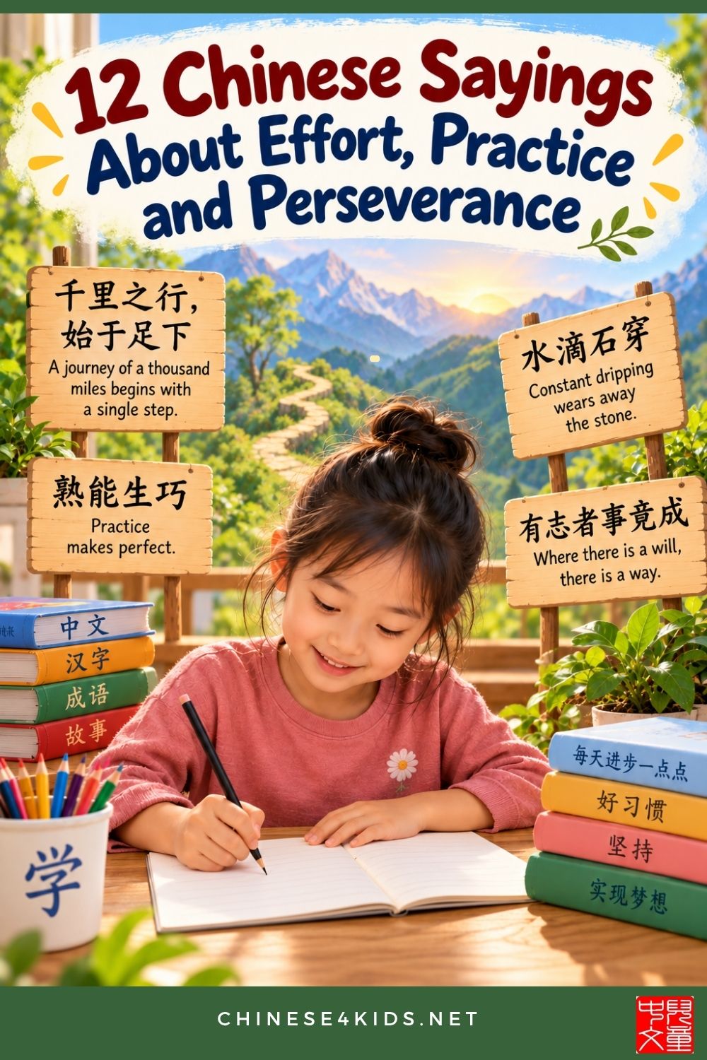 Explore 12 Chinese sayings about effort, practice, patience and perseverance. Learn their meanings, pinyin, with activities for kids.