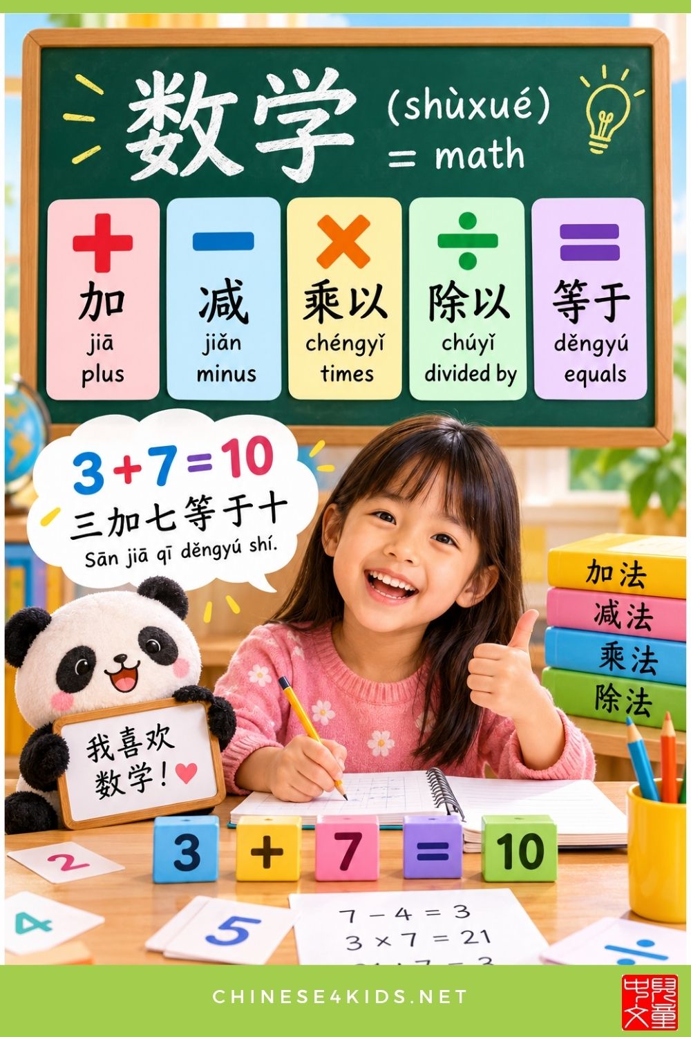 Math in Chinese for kids: 加, 减, 乘以, 除以 and 等于