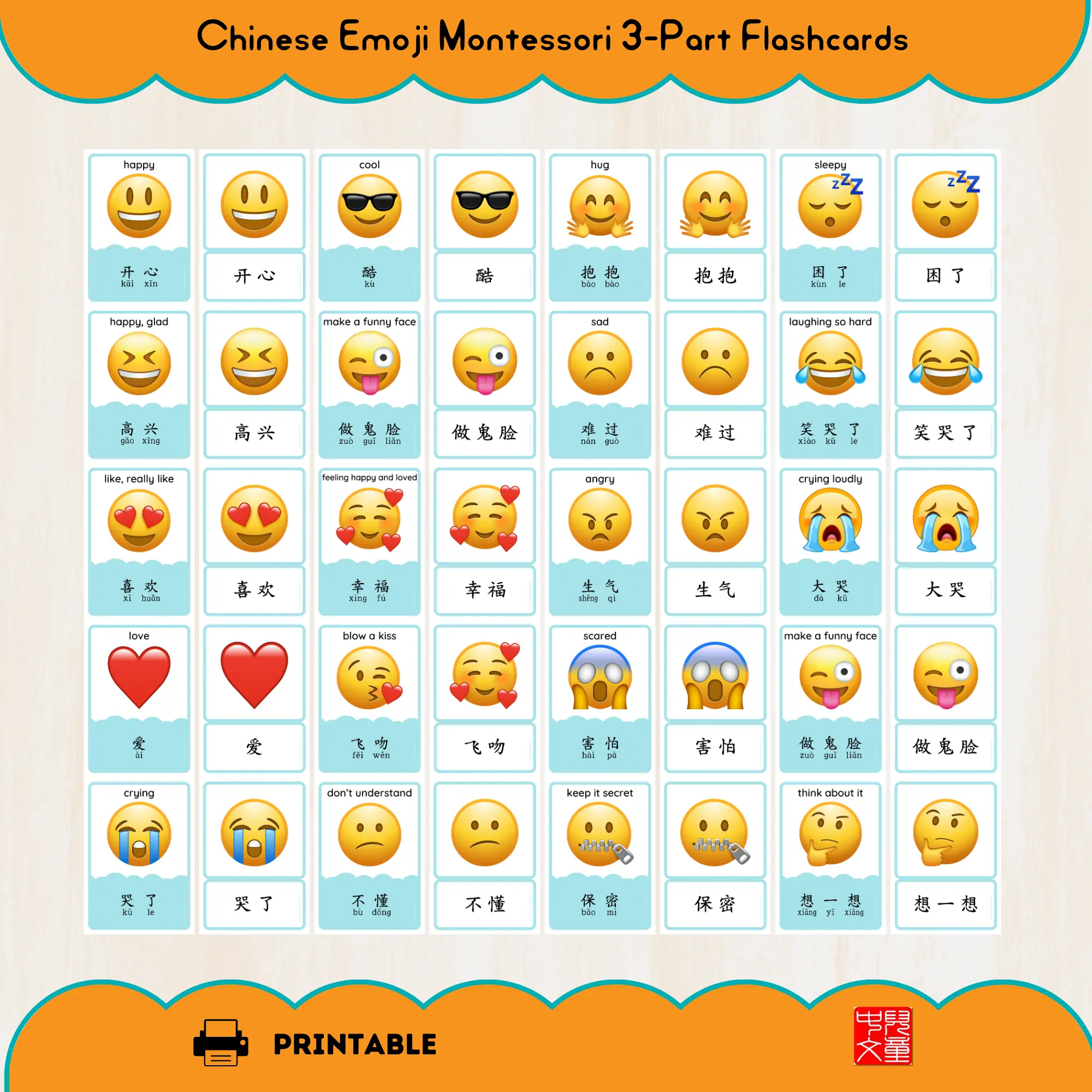 Printable Montessori 3-part cards for 20 smiley emojis in Chinese, with pinyin and English. Kids match pictures to words and learn feelings in Chinese.