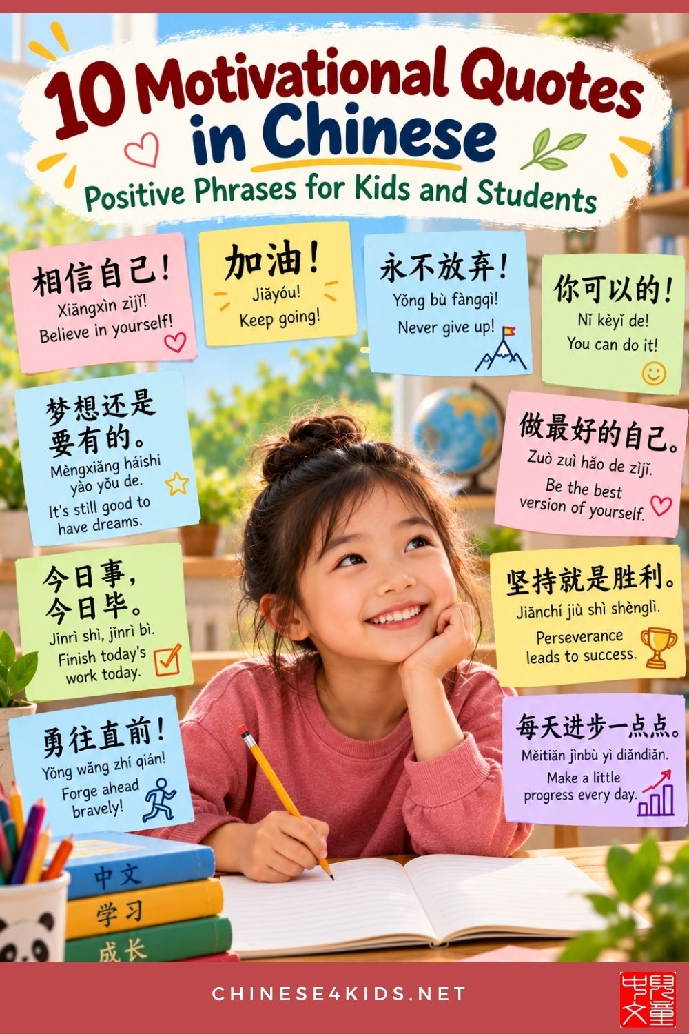 Discover 10 motivational quotes in Chinese with characters, pinyin, English meanings and examples. Great for kids, and classroom displays.