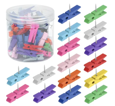 60 Pieces Colorful Push Pins with Wooden Clips, Clothespin Pushpins Cute Decorative Thumb Tacks for Cork Board, Bulletin Board, Photos, Crafts, Classroom Office Visit the Senkary Store