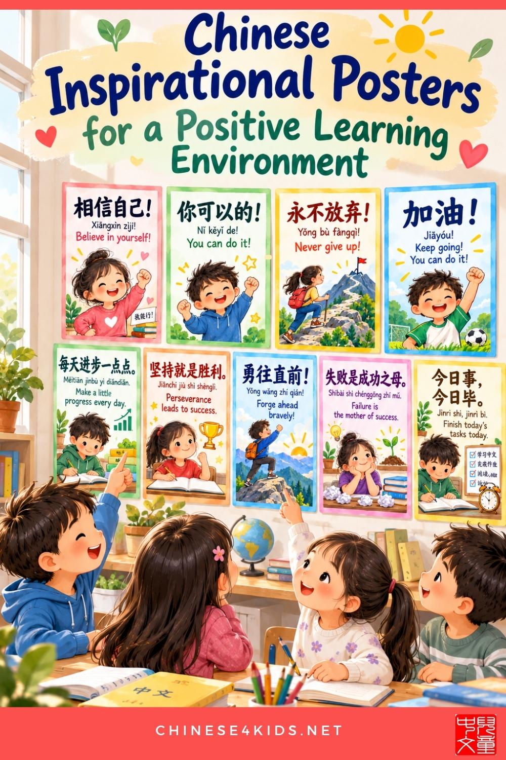 Discover 10 Chinese motivational posters for kids, with pinyin and English. Create a positive Chinese classroom or homeschool learning space.