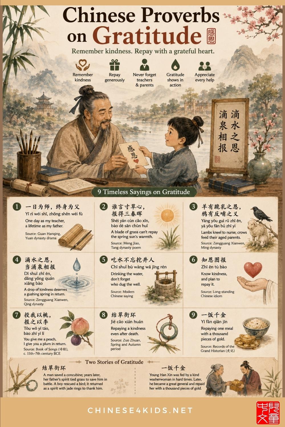 9 genuine Chinese proverbs on gratitude, with pinyin, meaning, real sources, and the stories of Han Xin and 结草衔环.