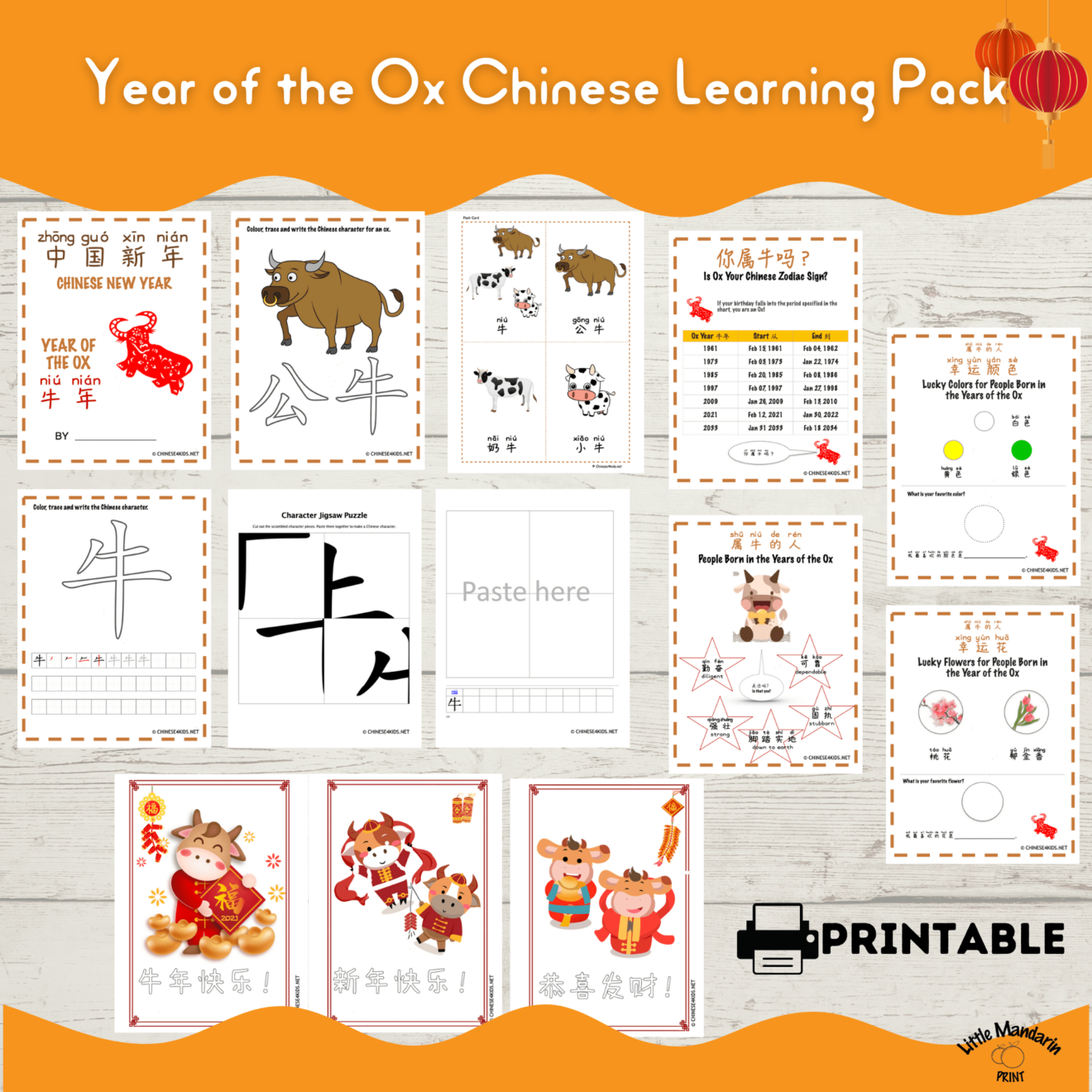 Year of the Ox Chinese Learning Pack for Kids about Chinese New Year