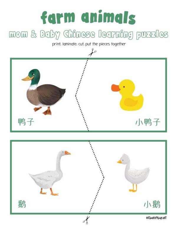 Farm animals and their babies Chinese learning puzzle