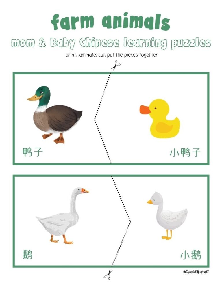 Chinese Farm Animals and Their Babies Puzzle Activity