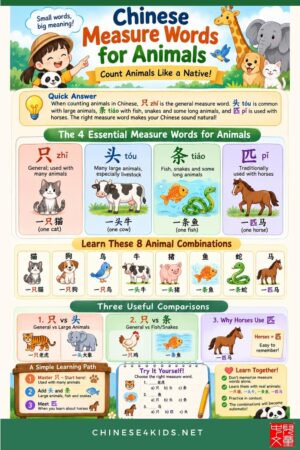 Master Chinese measure words for animals: 只, 头, 条, 匹. Learn the size and shape logic, see visual examples, practice with questions.