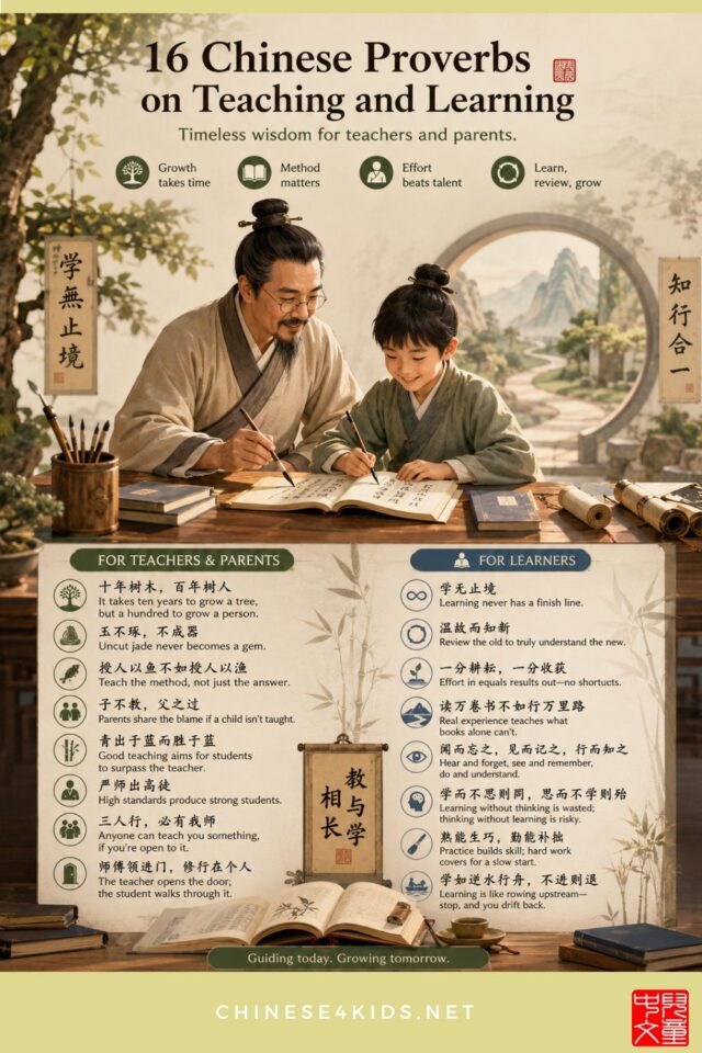 16 Chinese proverbs on teaching and learning, explained in plain English with pinyin, meaning, and practical tips for parents and teachers.