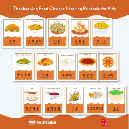 Thanksgiving food Chinese Montessori 3-Part flashcards #Thanksgiving #montessori #flashcards #MandarinChinese #Chinesevocabulary #learnChinese