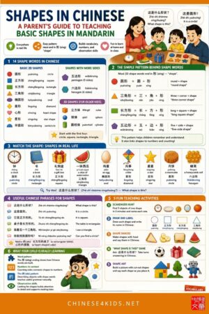 Learn shapes in Chinese with this easy guide: 14 shape words with pinyin, real-life examples, fun teaching activities.