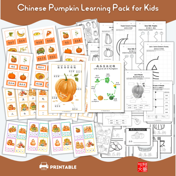 pumpkin Chinese learning pack for kids #Chinese4kids #learningpack #pumpkin #themelearning