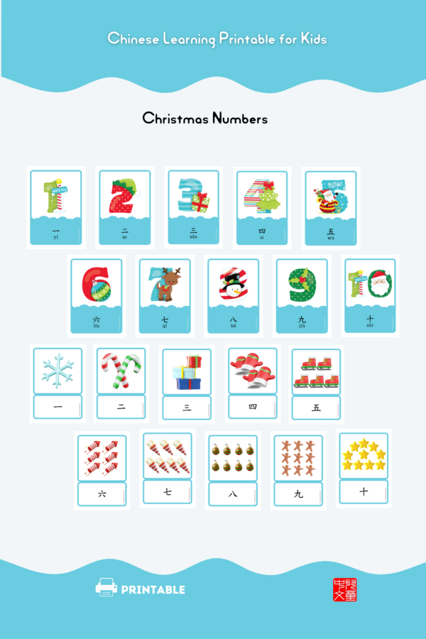 Winter Christmas Montessori 3-part Chinese Learning flashcards for kids #Chinese4kids #learnChinese #montessori #flashcards #winterlearning #winterflashcards #Christmasflashcards #Chineselearning