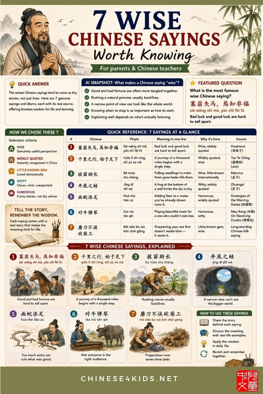 7 genuine Chinese sayings and idioms, verified against real classical sources, each with the story behind it and a practical way to use it. #Chinesesayings #Chinesewisdom #Chinesequotes #wiseChinesesayings