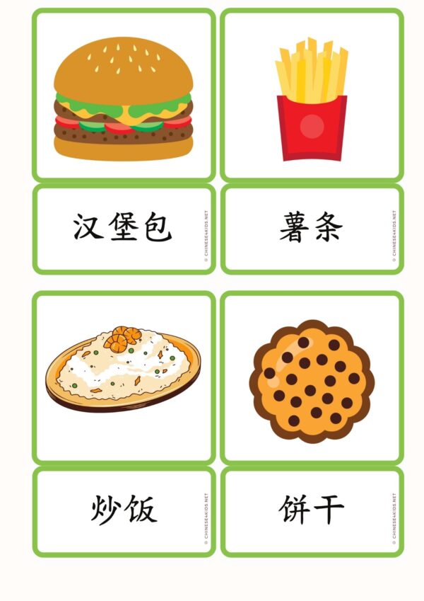 Fast Food Chinese vocabulary Montessori 3-part flashcards for kids and Chinese beginning learners #easyChinese #Chineseforkids #learnChinese #Chinesevocabulary #fruitChinesewords #Chinesevocab #Mandarin #Chineselanguage #worldlanguage #printable #downloadable