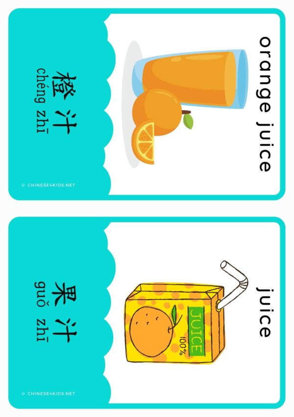 Beverage Chinese vocabulary Montessori 3-part flashcards for kids and Chinese beginning learners #easyChinese #Chineseforkids #learnChinese #Chinesevocabulary #fruitChinesewords