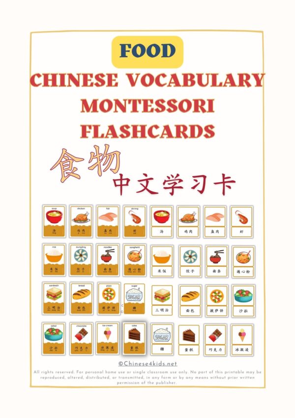Food Chinese vocabulary Montessori 3-part flashcards for kids and Chinese beginning learners #easyChinese #Chineseforkids #learnChinese #Chinesevocabulary #foodChinesewords #Chinesevocab #Mandarin #Chineselanguage #worldlanguage #printable #downloadable #食物单词