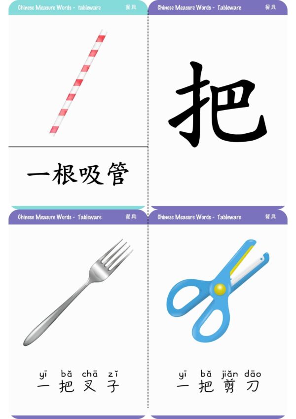 Learn Chinese measure words for tableware Montessori 3-part flashcards #Chinese4kids #Chineseflashcards #learnChinese #mandarinChinese #measurewords