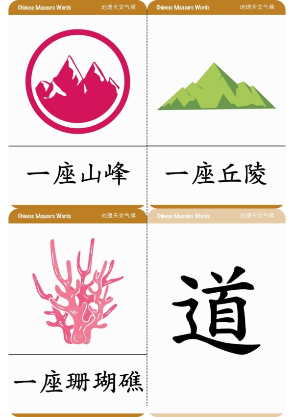 Learn Chinese measure words for geography astronomy climate Montessori 3-part flashcards #Chinese4kids #Chineseflashcards #learnChinese #mandarinChinese #measurewords
