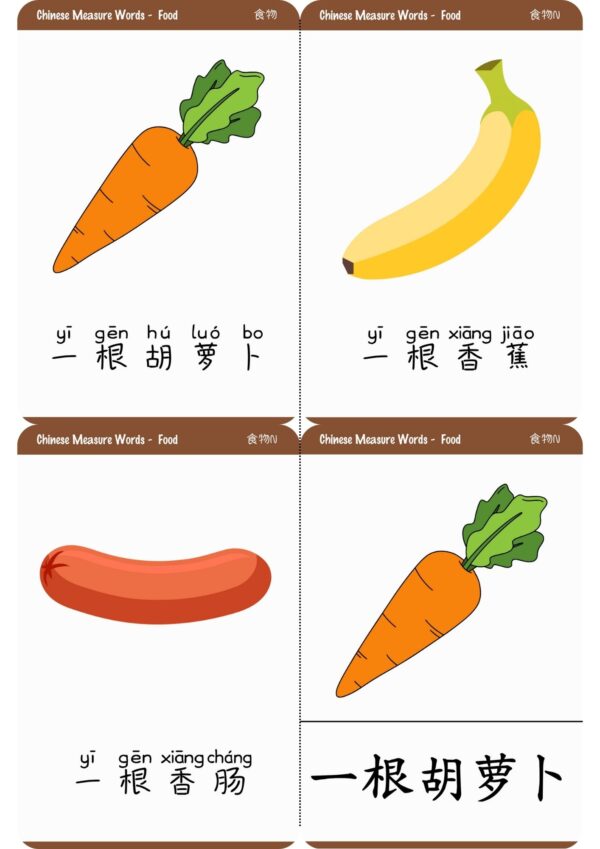 Learn Chinese measure words for food Montessori 3-part flashcards #Chinese4kids #Chineseflashcards #learnChinese #mandarinChinese #measurewords