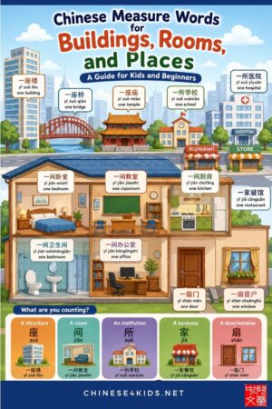 Learn Chinese measure words for buildings, rooms, and places (座, 间, 所, 家, 扇), with activities and practice for kids.