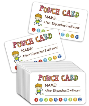 Punch cards are perfect to keep track of kids' behavior on many things, for example, reading. At the end there is a reward for completing all the tasks. 