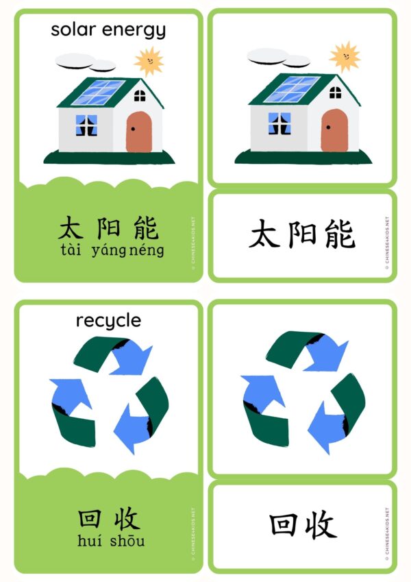 Earth Day Chinese Vocabulary Montessori 3-part flashcards