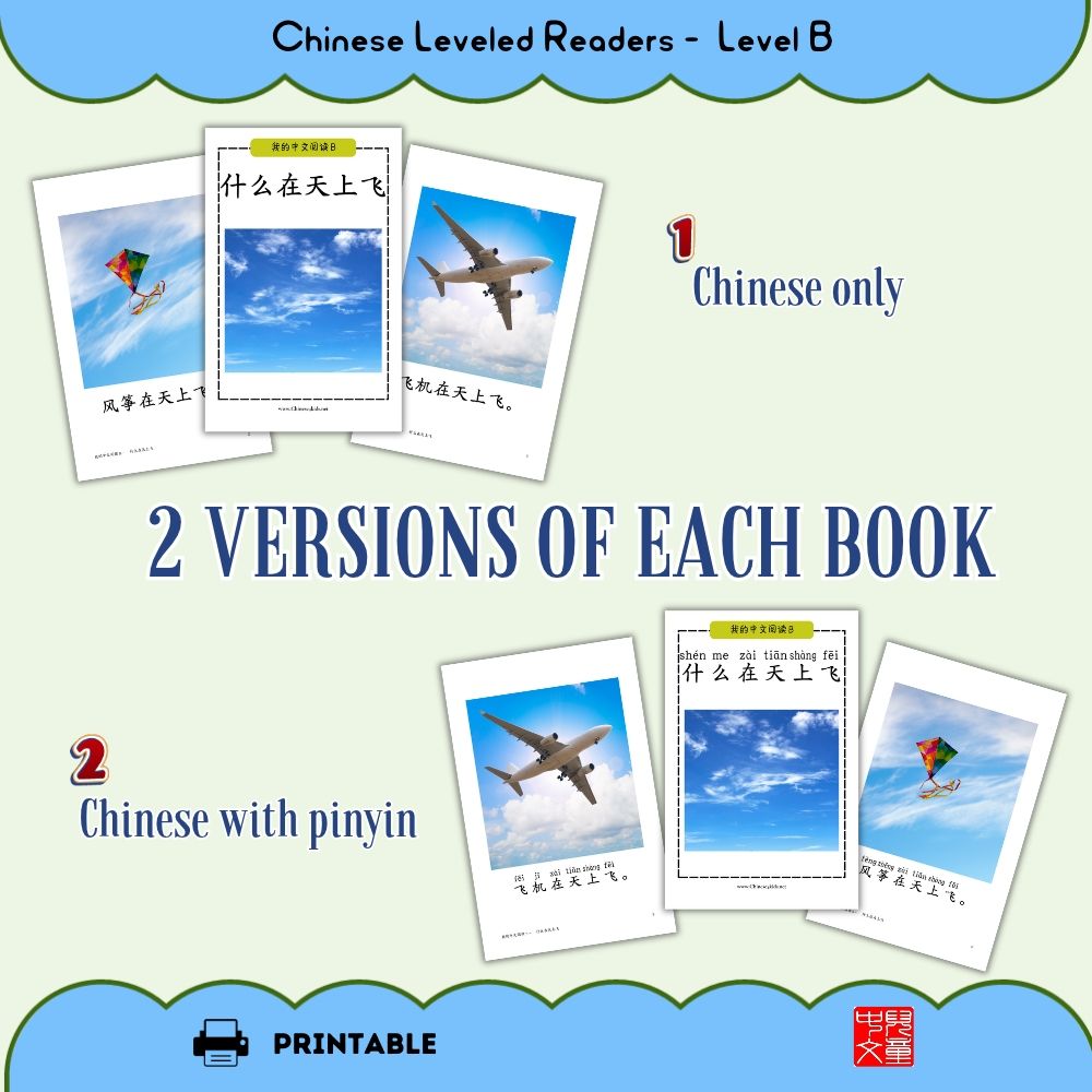 36 printable Level B Chinese reading books with short stories of several sentences. Chinese only or with pinyin, plus a video for every book.