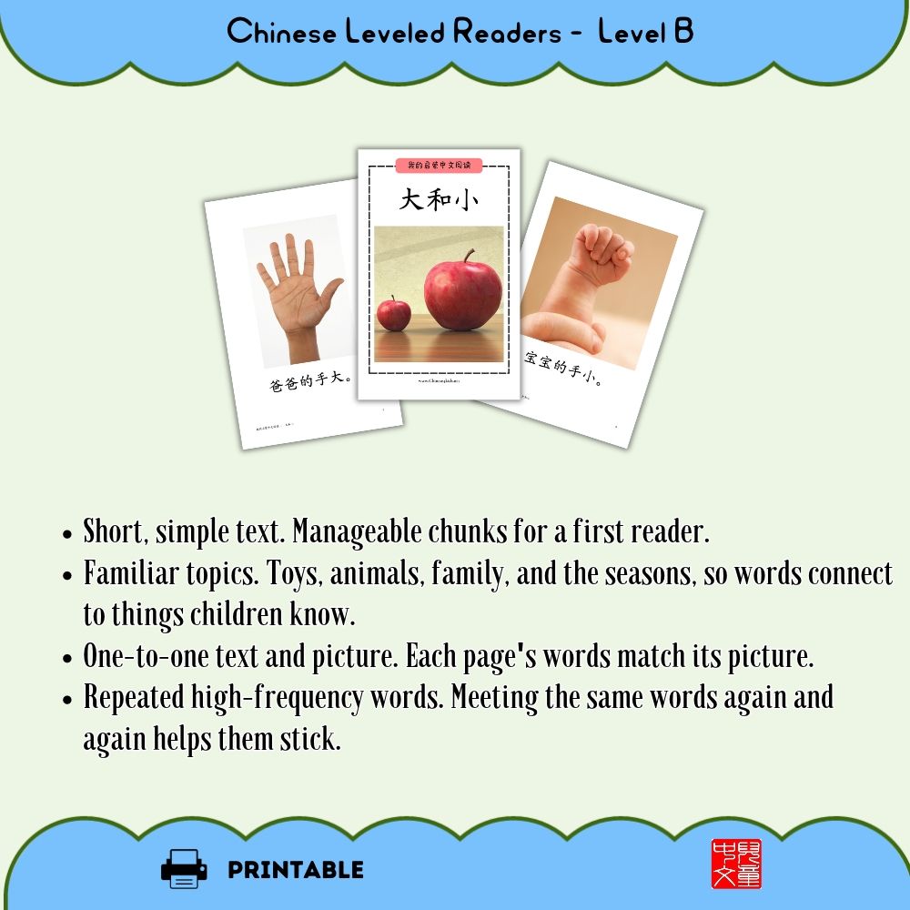 36 printable Level B Chinese reading books with short stories of several sentences. Chinese only or with pinyin, plus a video for every book.