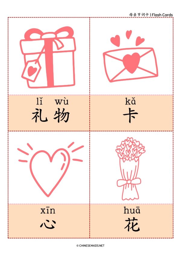 Mothers Day Chinese vocabulary flashcards for Kids
