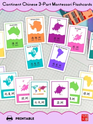 continents Chinese learning Montessori flashcards #Chinesevocabulary #learnChinese #Chineseflashcards #continents