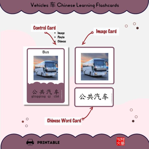 Chinese vehicle words ending with 车 Montessori 3-part printable flashcards