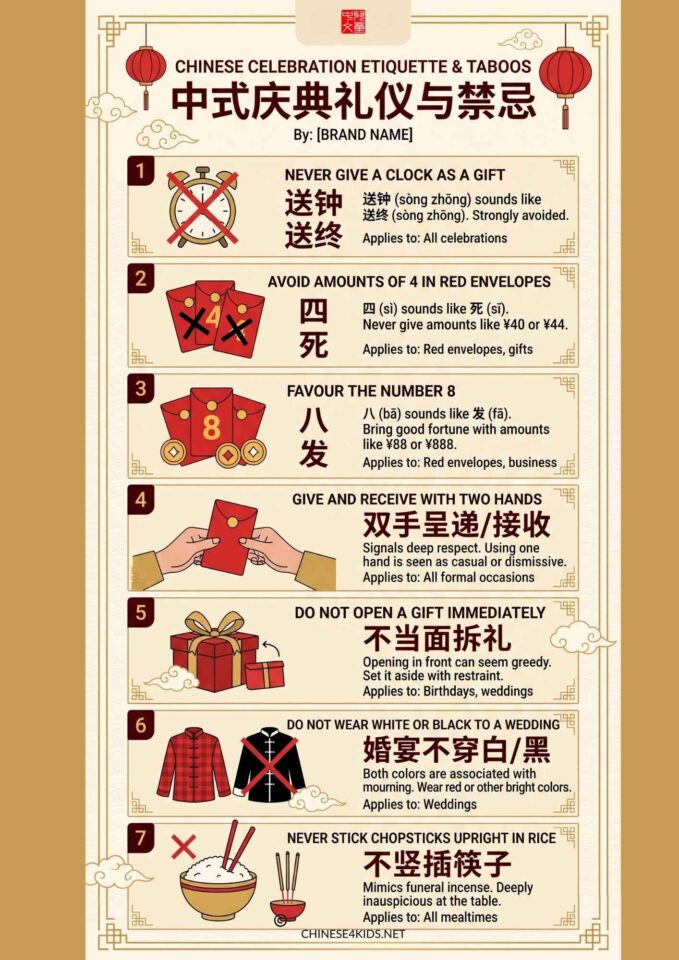 Knowing the customs matters as much as knowing the vocabulary. These rules apply to weddings, birthdays, baby banquets, and any formal gathering. Children who grow up knowing them will feel confident in Chinese social settings.
