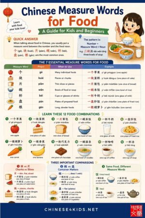 Master Chinese measure words for food: 个, 块, 片, 碗, 杯, 盘, 根. Practice with interactive questions, and follow a simple learning path for kids.
