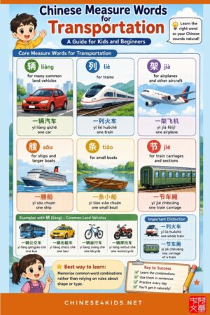 Learn Chinese measure words for transportation (辆, 列, 架, 艘, 班, 趟) with activities and practice, for kids and Chinese beginning learners.