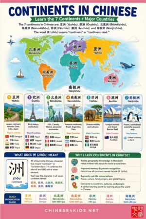 Master the 7 continents in Chinese with pinyin, major countries, and learning activities. Includes geography vocabulary, pronunciation guides, and teaching tips for parents and teachers.