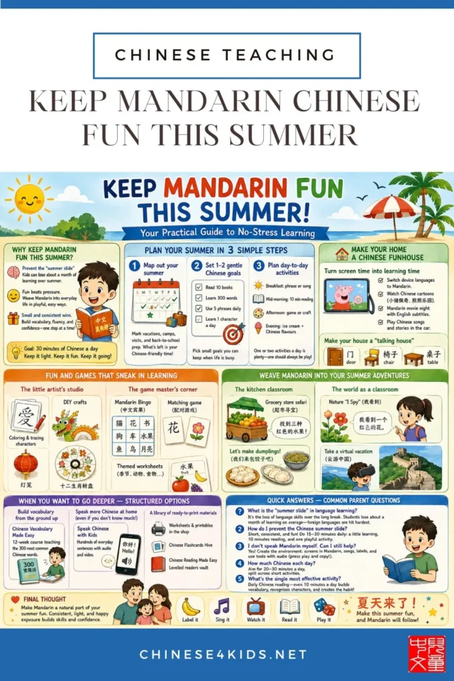 Keep kids learning Mandarin this summer! Fun, practical tips to stop the summer slide with easy games, crafts, printables, and reading.