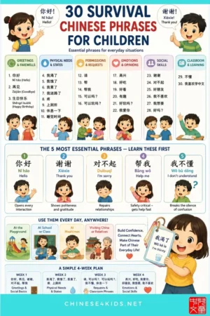 30 essential survival Chinese phrases for children — organised by function, with pinyin, examples, and tips for parents and teachers.