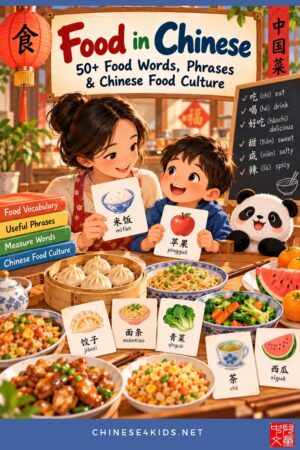 Learn 50+ food words in Chinese with phrases, Chinese food culture, and learning activities. Complete guide for kids and parent.