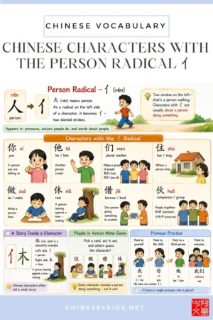 Learn Chinese characters with the person radical 亻— including you, he, and other high-frequency words, with simple activities for kids.