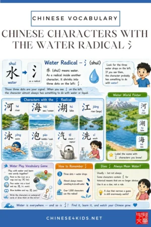 Learn the Chinese water radical 氵with 8 common characters, pinyin, and fun water play activities for kids at home or in the classroom.
