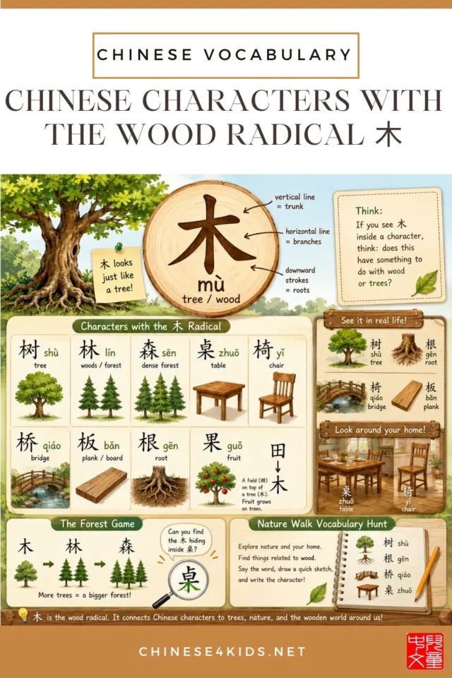 Discover Chinese characters with the tree radical 木 — 8 common words including trees, furniture, and forest, with a fun nature walk activity for kids.
