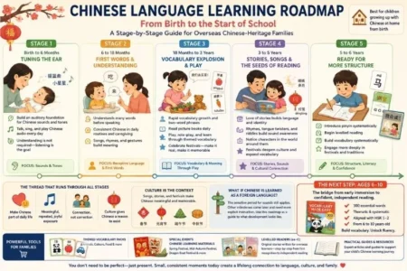 Raising a Chinese-speaking child abroad? This 0–6 roadmap shows exactly what to do at each stage, from tuning your baby's ear to tones to early reading readiness.